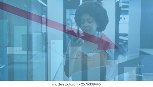 Talking on phone and holding documents, woman over declining financial graph image. Business, corporate, stress, crisis, economy, decline