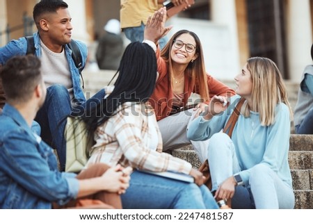 Talking, students or high five on university stairs, college campus bleachers or school steps for education diversity success. Smile, happy friends or partnership gesture in learning goals or target