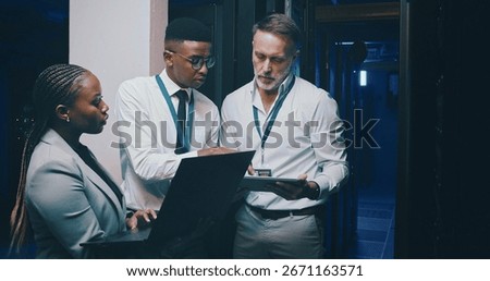 Talking, it support and people with tech in server room for cybersecurity, diagnostics and network. Team, meeting and workers on laptop, tablet and hardware for system update, database and backup