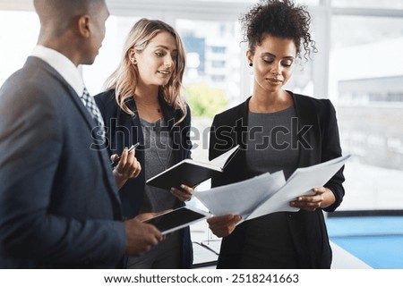 Talking, teamwork and documents with business people in office for legislation, privacy policy and lawyer. Case proposal, planning and legal counsel with employees in law firm for justice together