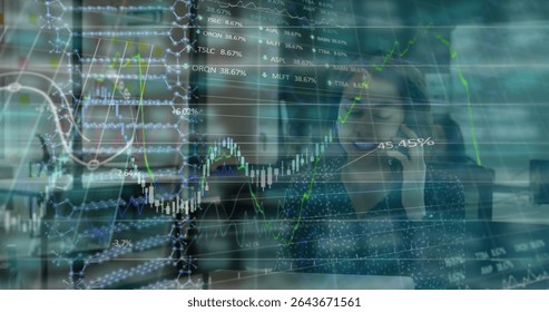 Talking woman holding smartphone checking laptop in office with chart molecular diagram. Business, professionalism, technology, finance, data analysis, innovation, corporate - Powered by Shutterstock - Get 15% off with code: PIKWIZARD15