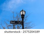 a tall black metal lamp post with street signs surrounded by bare winter trees with blue sky and clouds in the Marietta Square in Marietta Georgia USA	