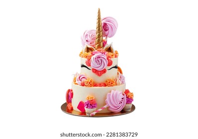 Tall and bright unicorn cake with chocolate, meringue swirls and cupcakes. Isolated on white background with copy space on a side. Horizontal
