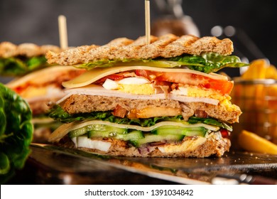 Tall Club Sandwich On Dark Background