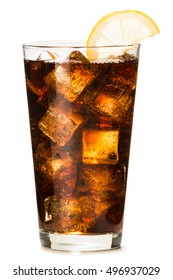 Tall Cola Rum And Coke With Lemon Garnish In Pint Glass On The Rocks Isolated On White Background 