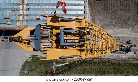 Tall Construction Crane On Highway Bridge Construction Top Down Perspective View Day Time