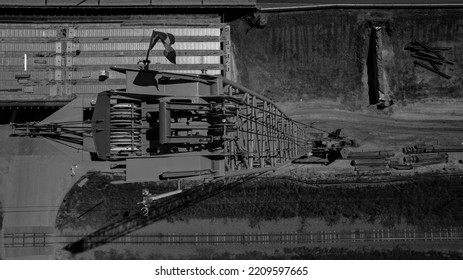 Tall Construction Crane On Highway Bridge Construction Top Down Perspective View Black And White Day Time