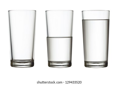 Tall Empty, Half And Full Glass Of Water Isolated On White With Clipping Path Included