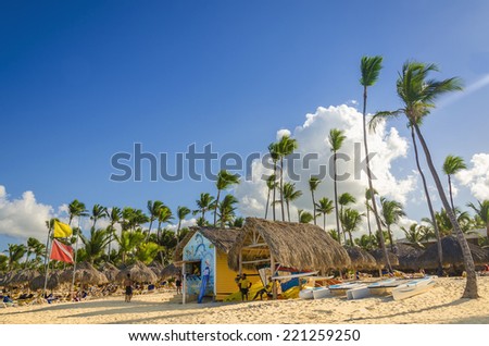 Tall exotic palm tree on one of the Caribbean beaches with hut where you can rent sports equipment, Caribbean Island