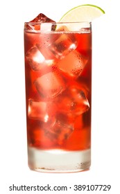 Tall Glass Of Cranberry Juice On Ice With Lime Sea Breeze Isolated On White Background