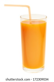 Tall Glass Full Of Orange Carrot Juice With The Drinking Straw, Isolated Over White Background