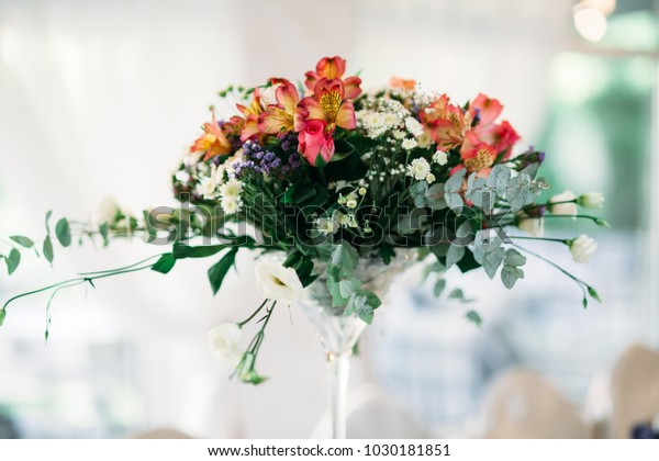 Tall Glass Vase Orange Flowers Stands Stock Photo Edit Now