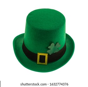 Tall Green Bowler Hat With Gold Buckle And Clover Luck Symbol On A White Isolated Background