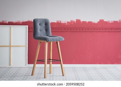 Tall Grey Stool In Empty Interior With Painting And Ombre Wall