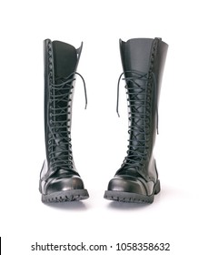 Tall Knee High Black Combat Fashion Goth Punk Oi Boots With Screwed On Soles - Isolated On White