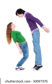 Tall Man And Short Woman. Isolated On White Background