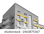 Tall multistory residential building, isolated white background, highrise with multiple flats. Urban real estate investment, modern design. City living, new apartments for rent.