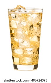 Tall pint glass sparkling ginger ale whiskey vodka cocktail isolated on white background