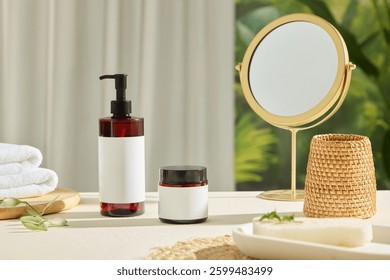 Tall plastic bottles and jars without labels, for design. Round table mirrors made of shiny gold metal. Brown rattan baskets, stacked towels placed on round wooden trays. Bottle mockup for cosmetics.