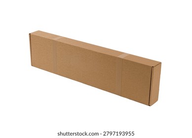 Tall rectangular cardboard shipping box sealed with packing tape, viewed from an angled perspective and isolated on a white background with abundant copy space. Suitable for packaging, logistics, storage, and e-commerce concepts