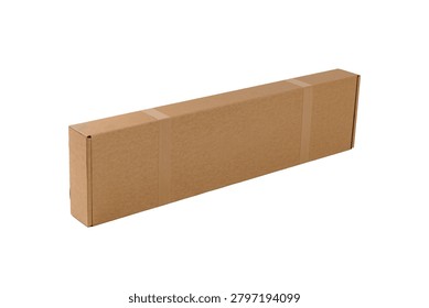 Tall rectangular cardboard shipping box sealed with packing tape, viewed from an angled perspective and isolated on a white background with abundant copy space