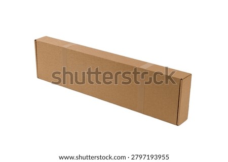 Tall rectangular cardboard shipping box sealed with packing tape, viewed from an angled perspective and isolated on a white background with abundant copy space. Suitable for packaging, logistics, storage, and e-commerce concepts