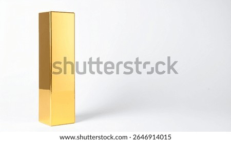 A tall, shiny gold rectangular prism stands on a white background. Its a simple, clean image, ideal for a product mockup or minimalist design. The gold is reflective and brightly lit.