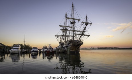 Tall Ship El Galeon docked in the Potomac River in Alexandria Virginia at sunset