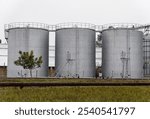 Tall silos stand proudly in an industrial area, storing essential fuel supplies. Lush greenery contrasts the gray cylinders, highlighting coexistence with nature.