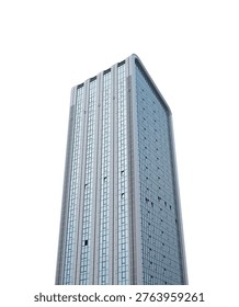 Tall skyscraper rises vertically with repeating window grid on modern facade. Tower structure emphasizes height and  geometric alignment. Concept of corporate architecture, business district,