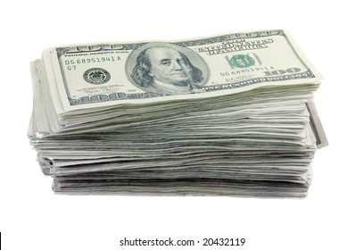 Tall Stack Of 100 Dollar Bills On A White Background. US Currency.