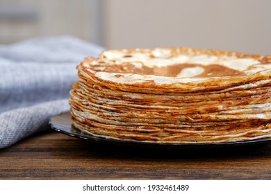 A Tall Stack Of Pancakes. Breakfast For The Whole Family. Maslenitsa, The Holiday Of The End Of Winter