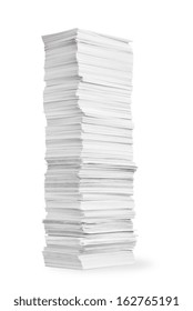 Tall Stack Of Paper On White Background