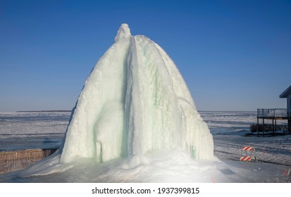 Tall Structure Created With Ice Sculpting By Lake Huron In Michigan