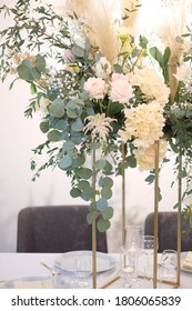 Tall Table Centerpiece For Wedding Banquet Dining Table, Fresh Flowers, Roses, Hydrangea