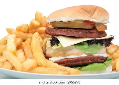 Tall Tower Burger With A Plate Full Of Fries