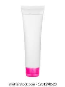 Tall translucent plastic tube with clear cosmetic liquid product inside, bright pink cap, isolated on white background