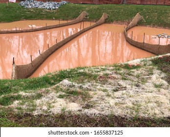 Tall Trees Reflected In Swollen Sediment Trap (aka Retention Basin) Filled With Reddish-brown Stormwater Runoff.