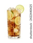 Tall tumbler full of cuba libre on the rocks cocktail garnished with a lime slice isolated on white background