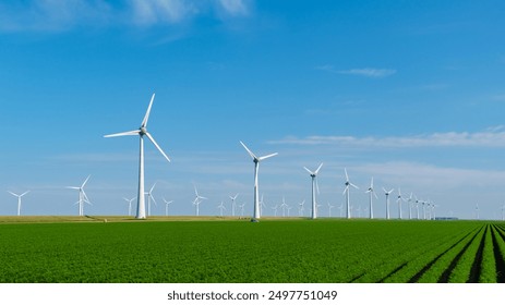 Tall wind turbines spin energetically against a clear blue sky, harnessing renewable energy in the Dutch countryside. Windmill park generating green energy electricity in the Netherlands - Powered by Shutterstock