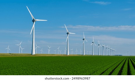 Tall wind turbines stand majestically against a vibrant sky, generating renewable energy amidst lush green fields in the Netherlands. - Powered by Shutterstock