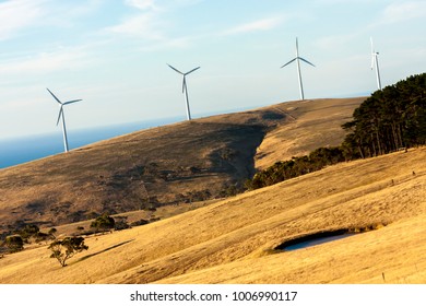 Tall wind turbines standing in a meadow overlooking the ocean. Western Australia.