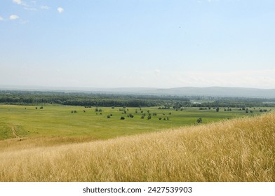 Tall yellowed grass on the gentle slope of a high hill in the endless steppe on a clear summer day. Sagay steppe, Khakassia, Siberia, Russia. - Powered by Shutterstock