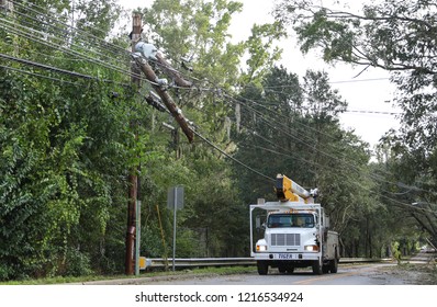 Tallahassee, FL / United States - October 11, 2018. Hurricane Michael's powerful winds toppled trees and took down power lines. More than half of the city of Tallahassee lost power during the storm.
