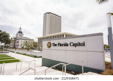 Tallahassee, FL, USA - February 18, 2022: Florida State Capitol Building Entrance Sign Leon County Tallahassee