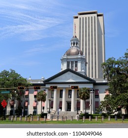 Tallahassee, FL, USA - May 13, 2018: Front of historic state capital downtown. Historic State Capital in front of the Florida State Capital. Old Florida State Capital in front of the newer building.