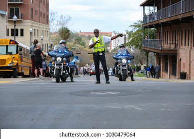 Tallahassee, Florida / United States - February 21, 2018. Tallahassee and Florida State University Police Department working together to make sure students get to the capitol building safely.