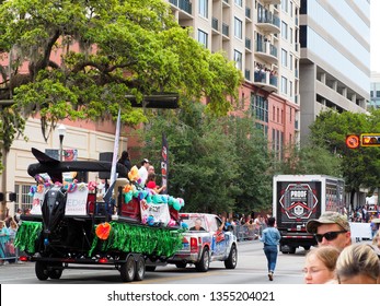 Tallahassee, FL/USA - March 30, 2019: Parade Float And Proof Truck Along Parade Route On Monroe Street