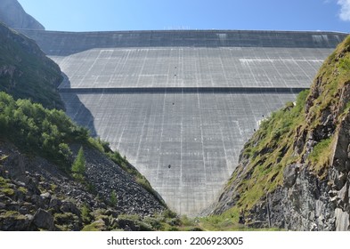 The Tallest Gravity Dam In Europe, In Alps Of Switzerland, View On The Dam Wall.