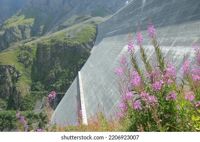 The Tallest Gravity Dam In Europe, In Alps Of Switzerland, View On The Dam Wall.